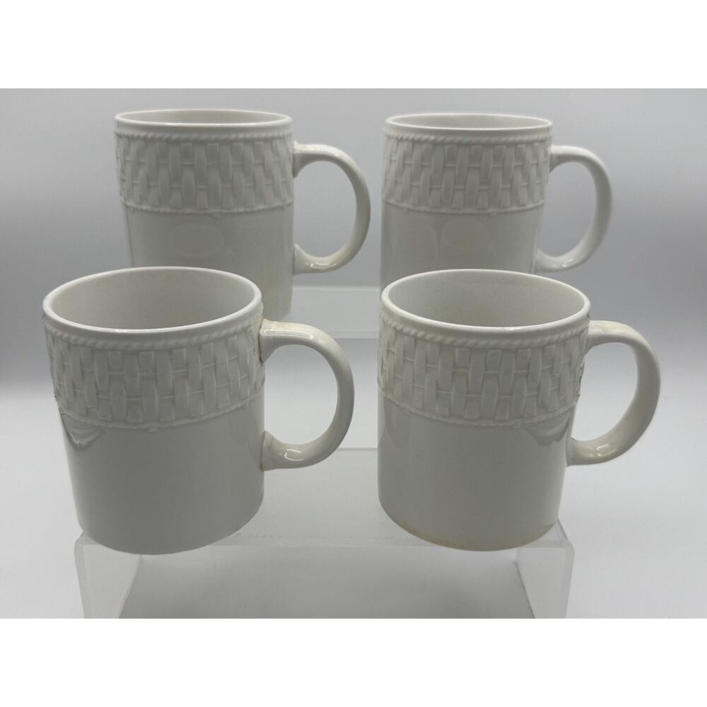 4- Vintage Waverly Mugs Fine White Porcelain Basket Weave Pattern Pre-owned
